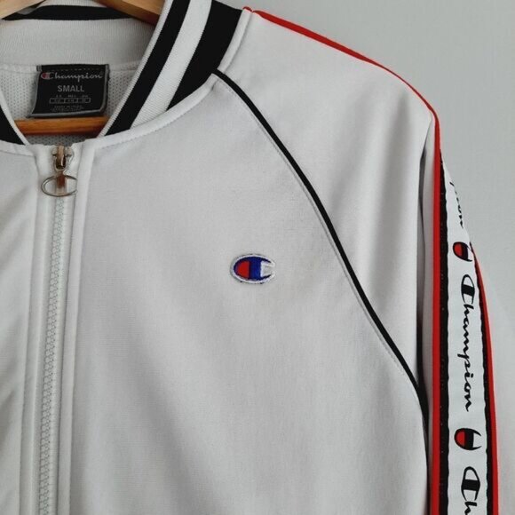 CHAMPION Retro Style Full Zip Athletic Track Jacket White w/ Logo Sz S Flawed - Picture 5 of 15